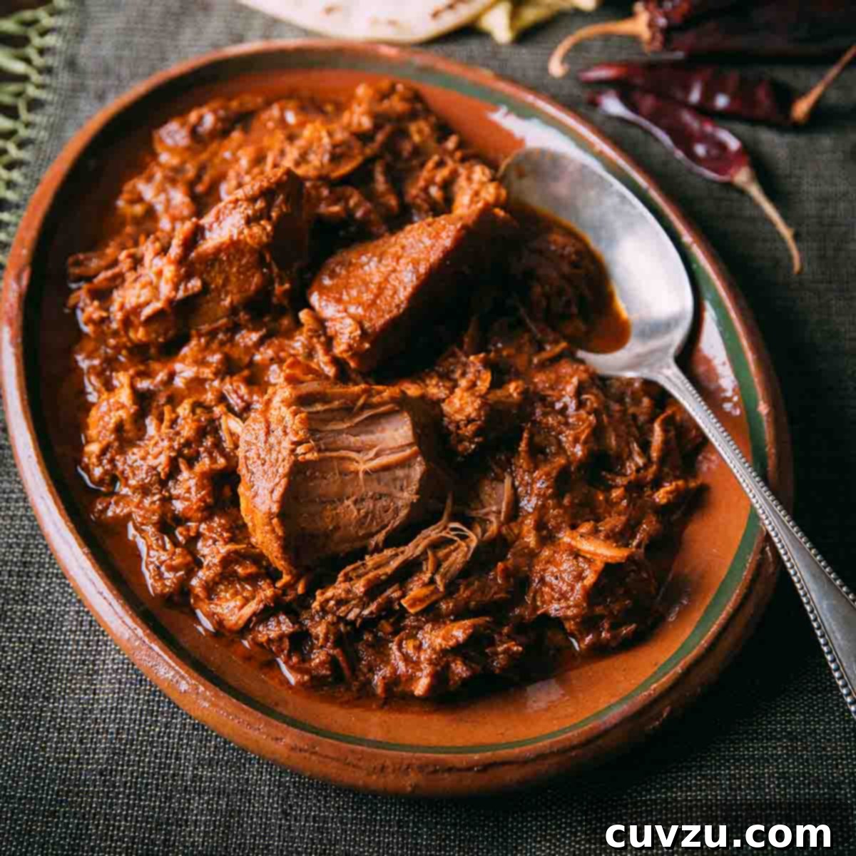 An oval bowl filled with braised pork in red chile sauce with a spoon resting on the side and a stack of tortillas and dried peppers on the side.