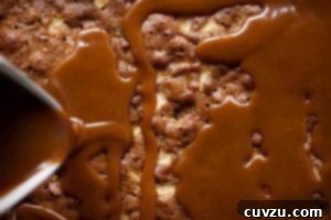 Caramel sauce being drizzled over Edna Lewis's apple cake with caramel glaze, creating a glossy, inviting finish.