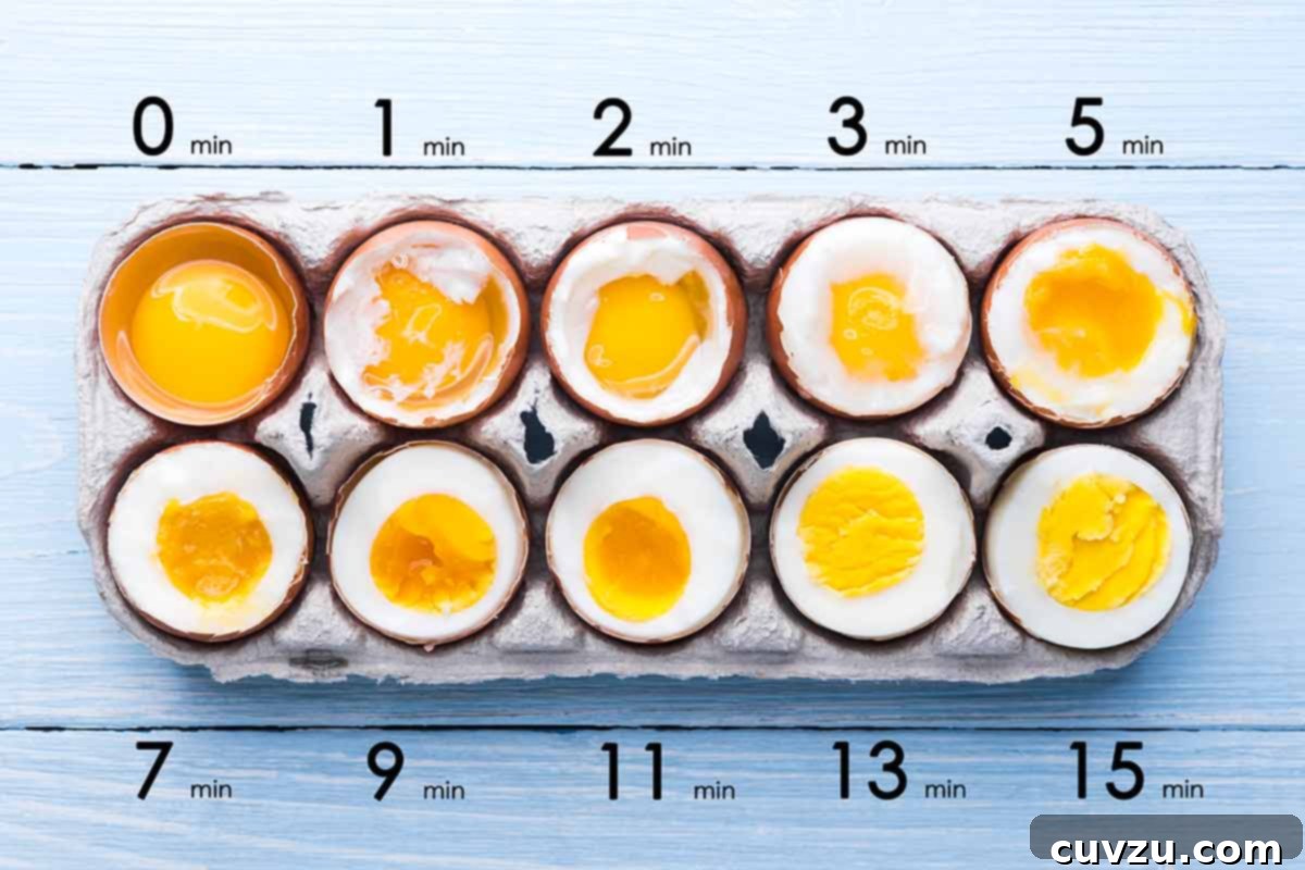Steam Your Way to Perfectly Peelable Hard-Boiled Eggs 4 Hardboiled eggs at different levels of doneness.
