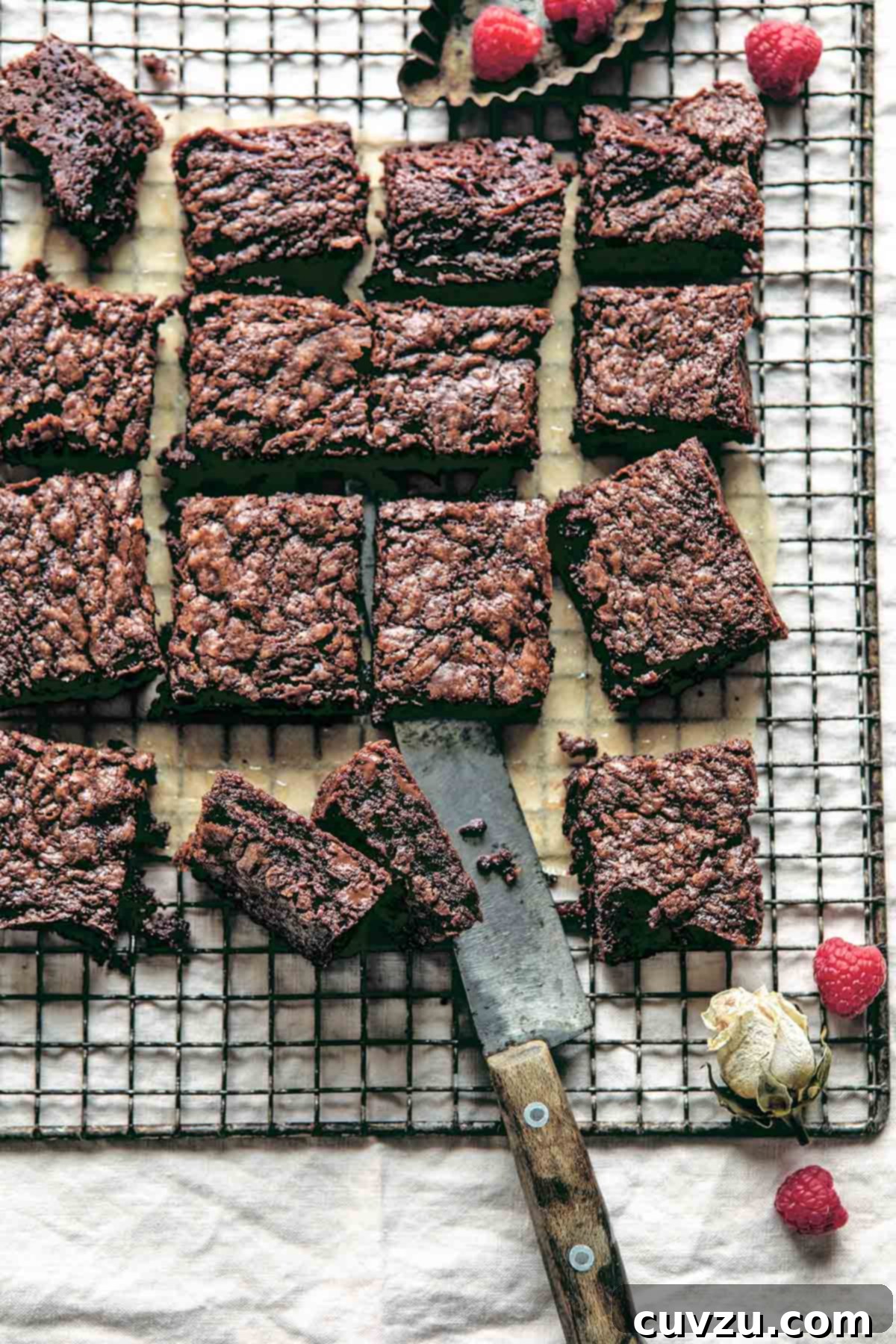 A batch of five ingredient Nutella brownies cut into squares on a wire rack with fresh raspberries scattered around.
