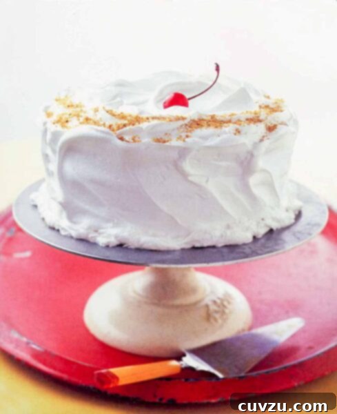 Iconic Lady Baltimore Cake 3 A close-up view of a slice of Lady Baltimore cake, showing the layers of vanilla cake, rich filling, and fluffy meringue frosting.