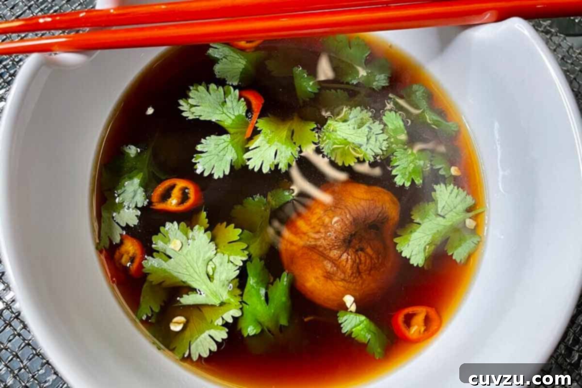 Golden Roasted Vegetable Broth 5 A pristine white bowl showcasing Ilda's perfectly executed brown vegetable stock, adorned with fresh cilantro and thinly sliced red peppers, ready to be enjoyed.
