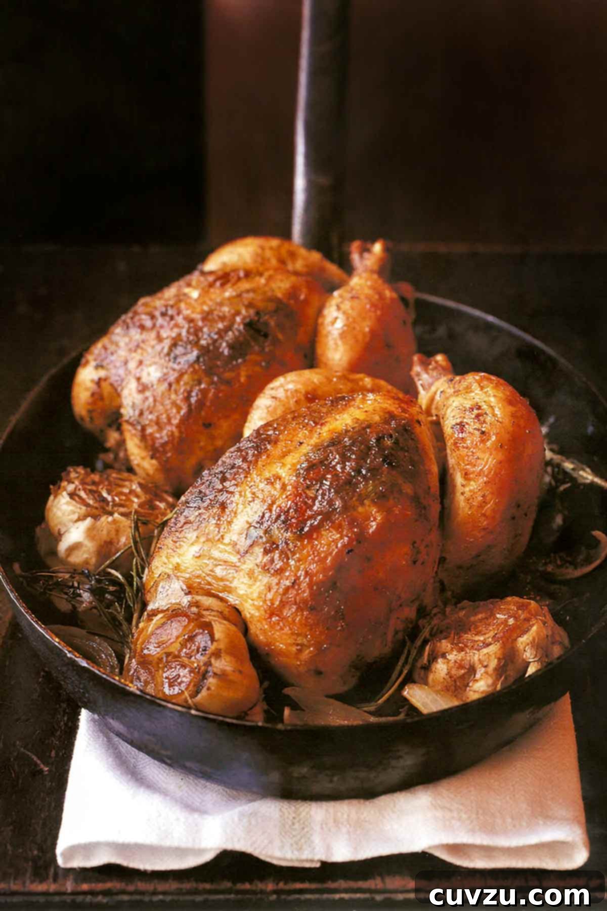 Two perfectly roasted whole chickens, accompanied by roasted garlic heads, nestled together in a rustic cast iron pan, promising a hearty and flavorful meal.