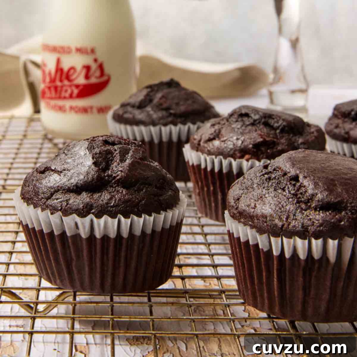 Rich chocolate muffins cooling on a wire rack, their dark, inviting surfaces promising a deep cocoa flavor.