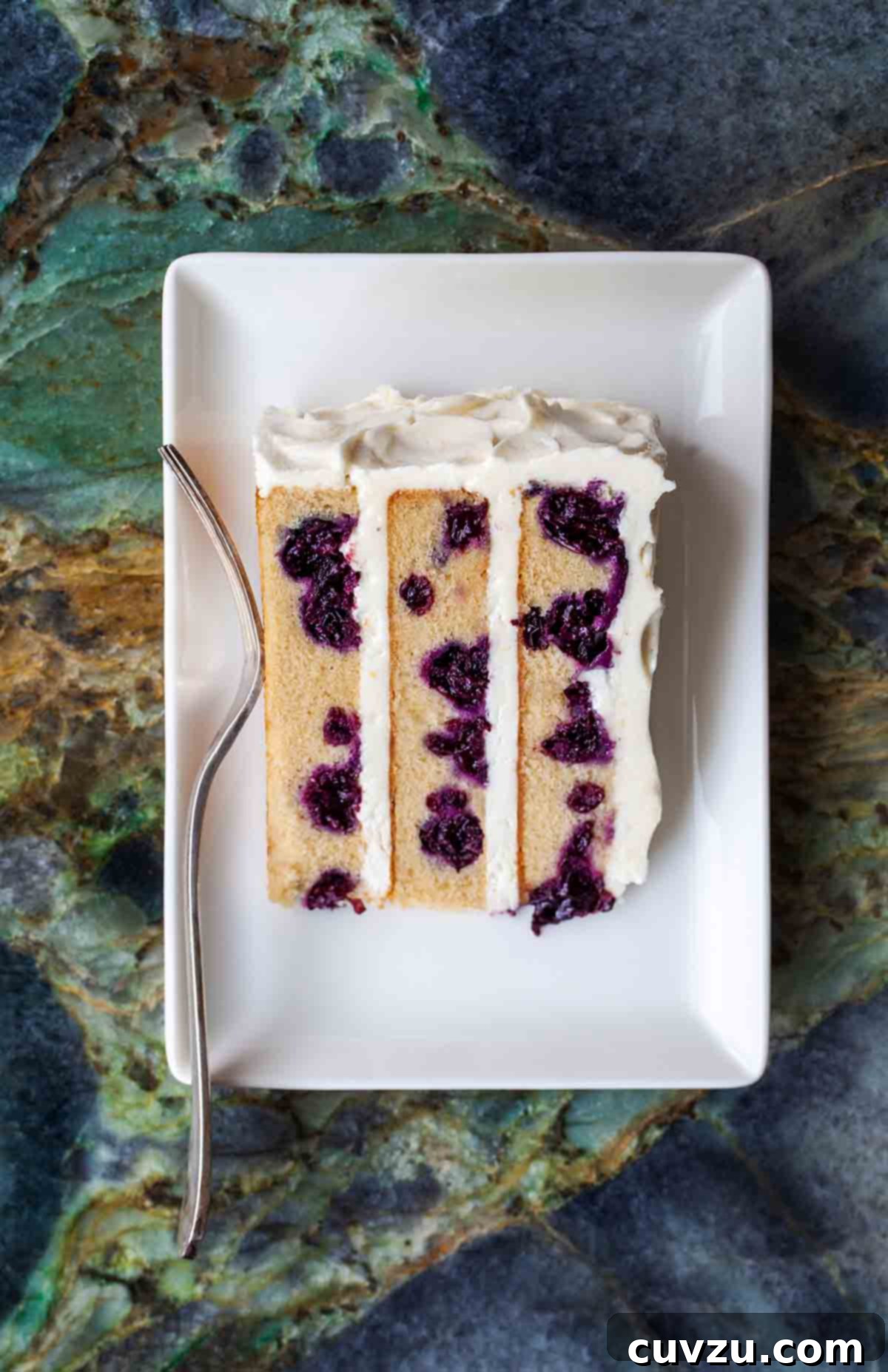 Sunshine Blueberry Lemon Layer Cake 4 A close-up of a blueberry-lemon layer cake slice on a white plate, highlighting its moist texture and rich frosting