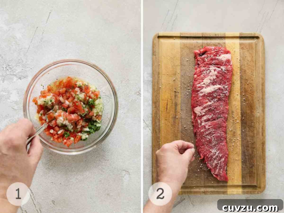 Flame-Kissed Skirt Steak with Vibrant Salsa 6 A two-part image showing the preparation of the dish: on the left, a person mixing vibrant salsa ingredients in a bowl; on the right, a person carefully seasoning a raw skirt steak with coarse salt on a wooden cutting board.