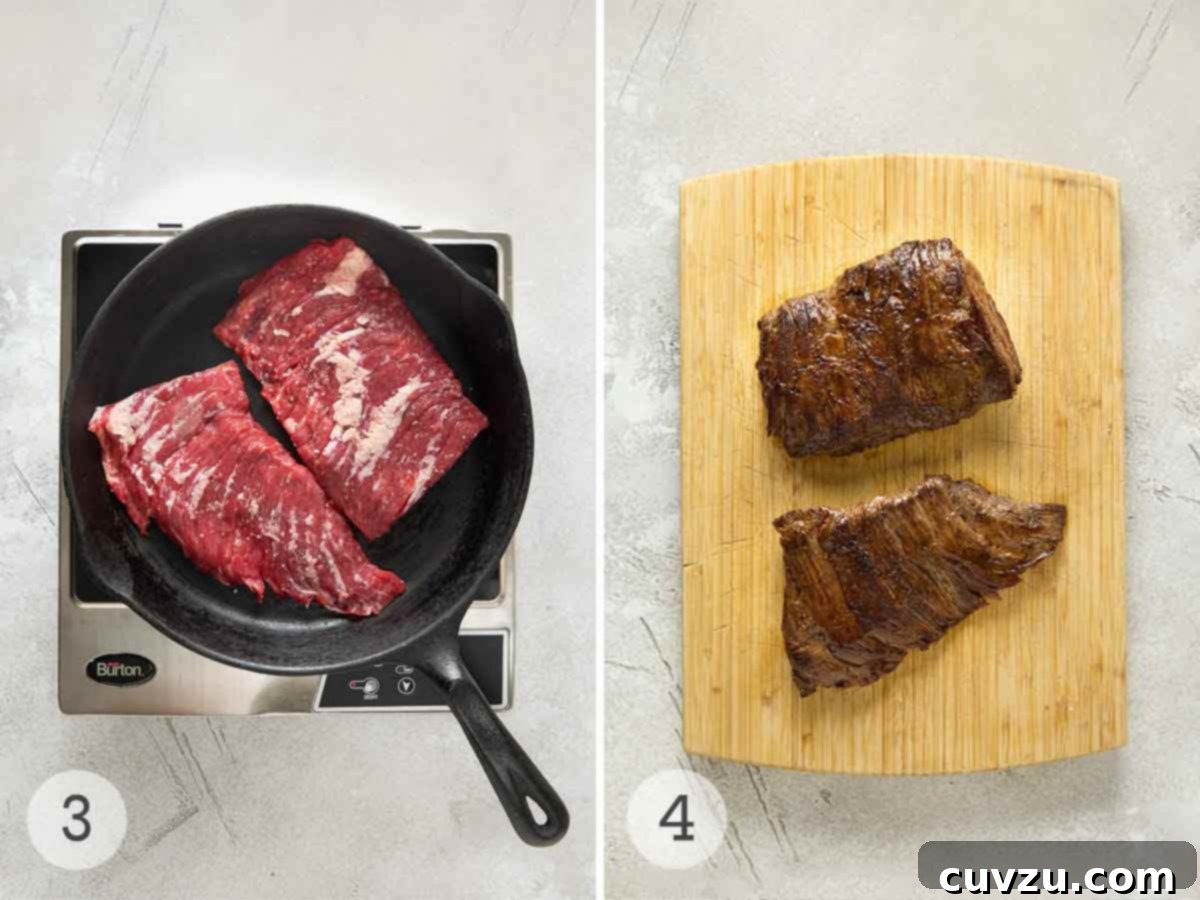 Flame-Kissed Skirt Steak with Vibrant Salsa 7 Another two-part image illustrating cooking steps: on the left, two pieces of skirt steak are perfectly searing in a hot cast iron pan, showing a beautiful crust; on the right, the cooked, rested skirt steak is on a cutting board, ready for slicing.
