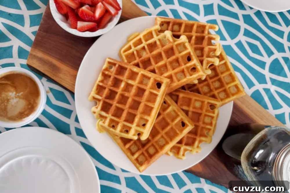 Golden Cornmeal Waffles 5 A plate of cornmeal waffles with a bowl of strawberries and pitcher of syrup on the side.