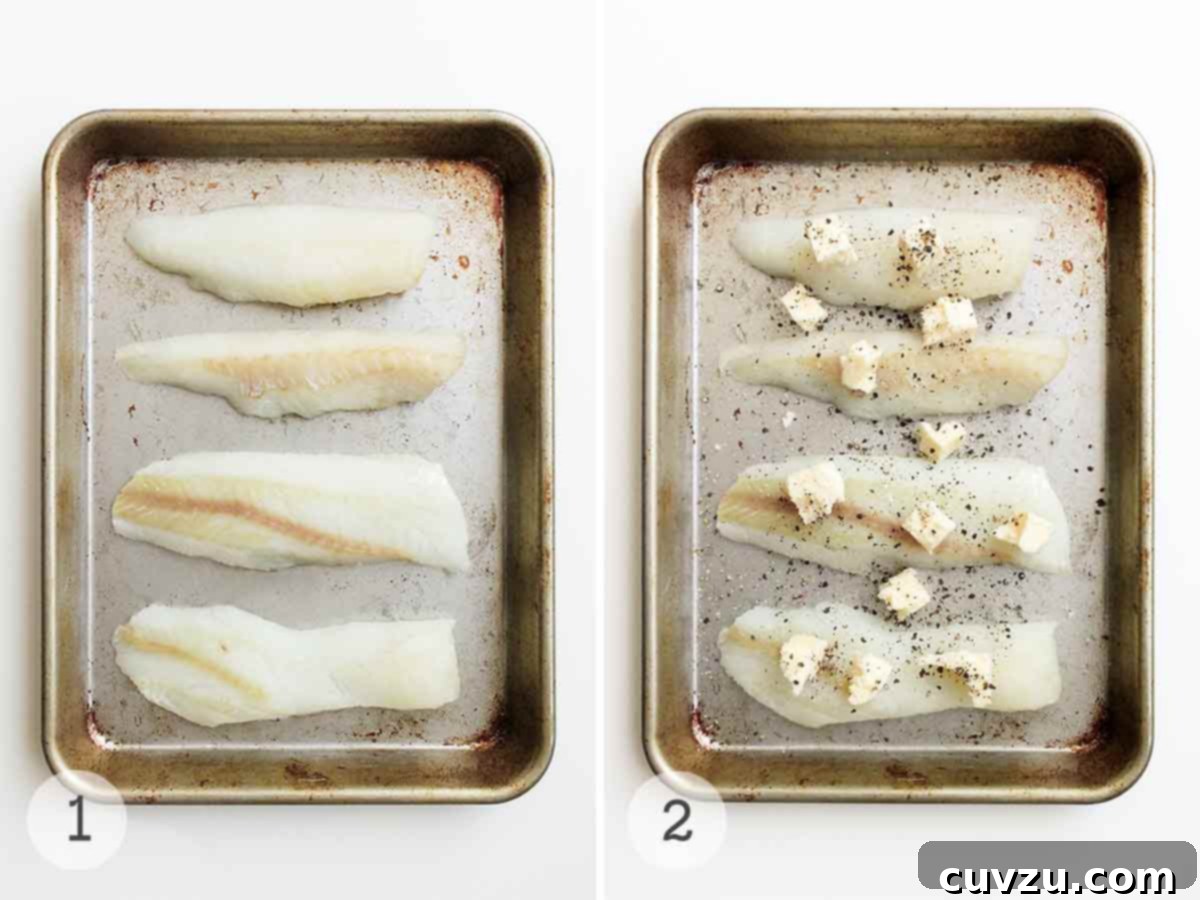 Lemon Butter Baked Fish 5 A two-panel image showing the preparation of butter-baked fish: first, raw fish fillets arranged on a baking sheet, and second, the same fillets seasoned with salt, pepper, and topped with butter cubes, ready for baking.