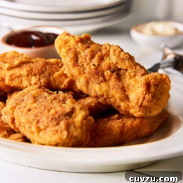 Golden Skillet Chicken Bites 11 A white oval platter of pan-fried chicken tenders.