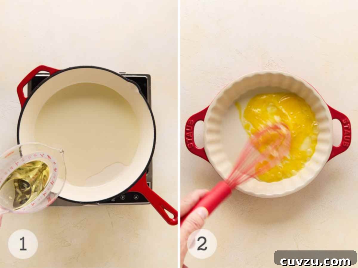 Golden Skillet Chicken Bites 5 A person's hand pouring oil into a skillet; a person's hand whisking egg in a pie plate.