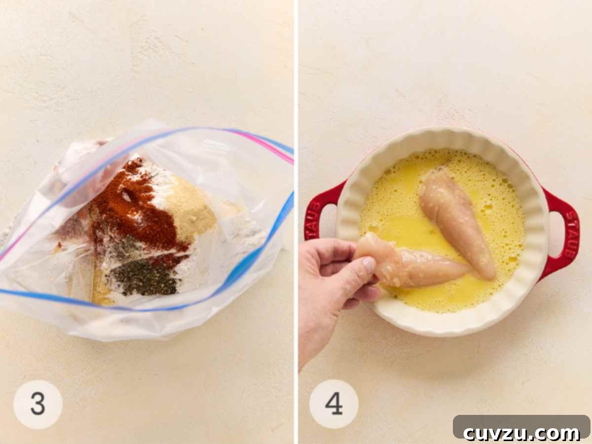 Golden Skillet Chicken Bites 6 A plastic bag of flour, paprika, garlic and onion powder, salt, and pepper; a person dunking two chicken tenders into an egg wash.