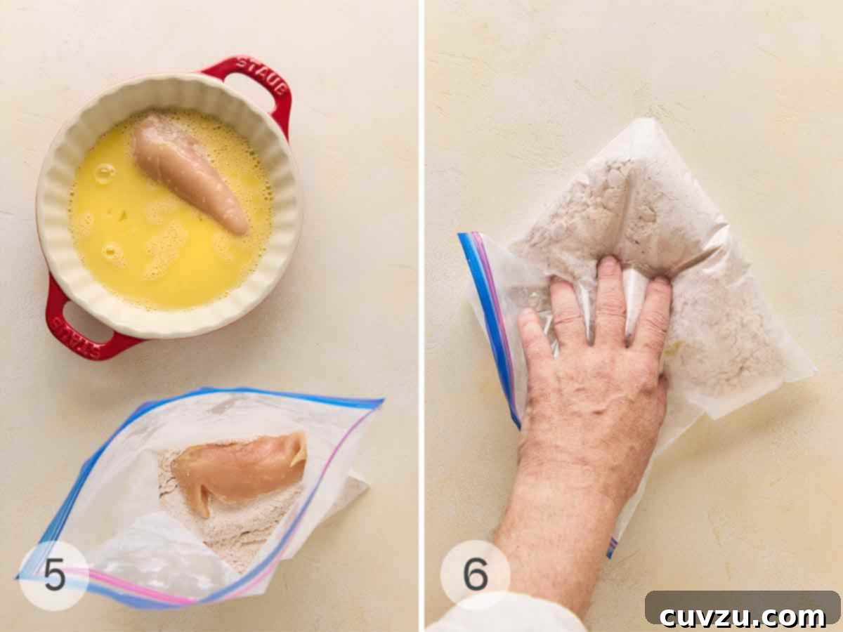 Golden Skillet Chicken Bites 7 A pie plate with an egg mixture and a chicken tender in it; a person's hand tossing the chicken tenders in a bag of flour coating.