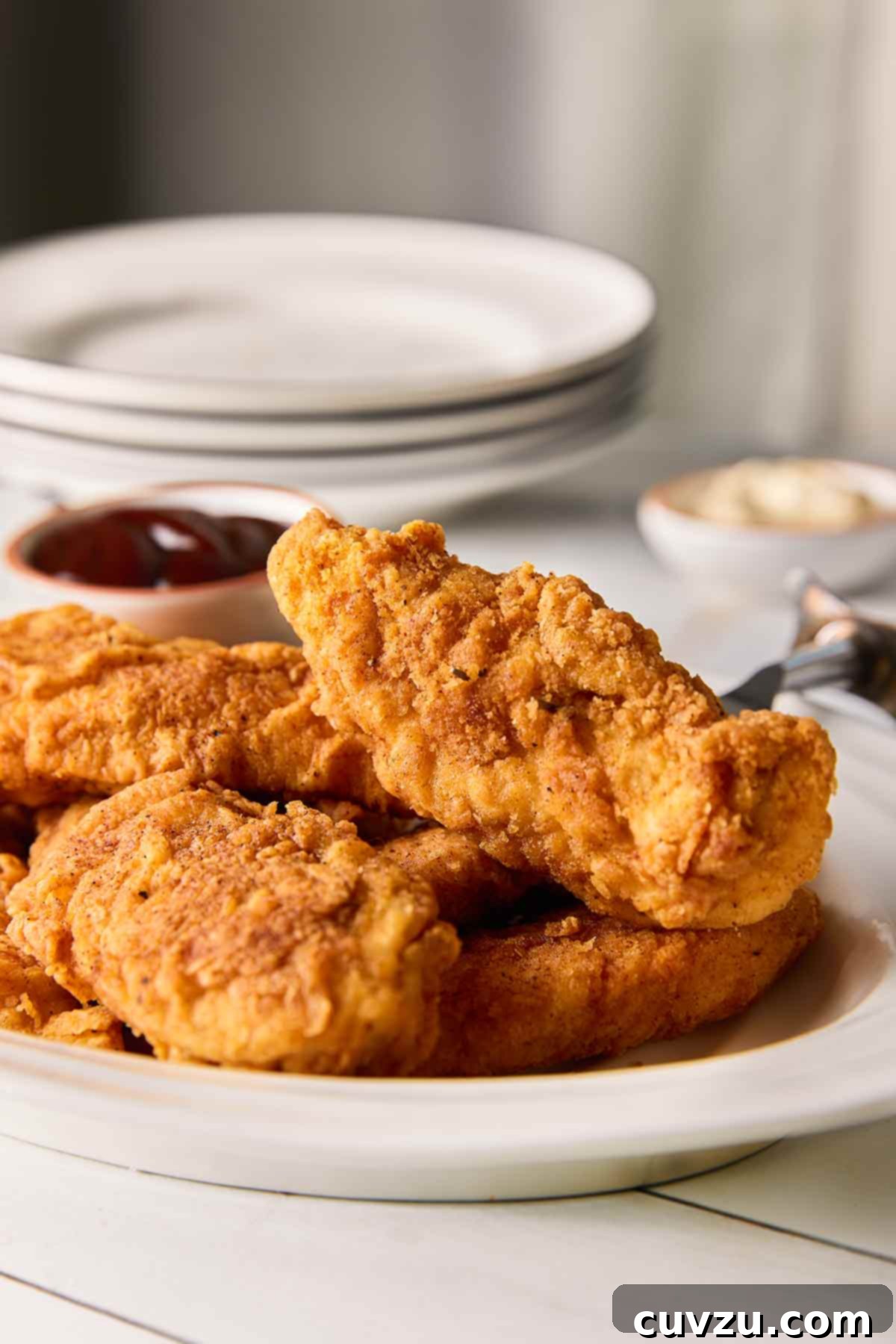 Golden Skillet Chicken Bites 9 A white oval platter of pan-fried chicken tenders.