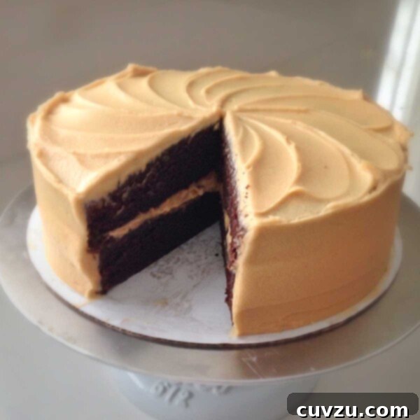 Velvet Mocha Delight 5 A sour cream mocha cake with espresso frosting on a cake stand with a slice cut from it, ready to be served.