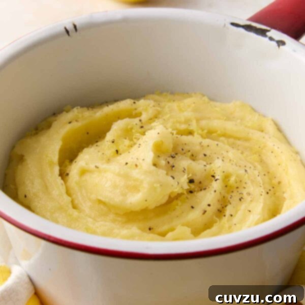 An enamel bowl filled with mashed potatoes, topped with black pepper and lemon zest.