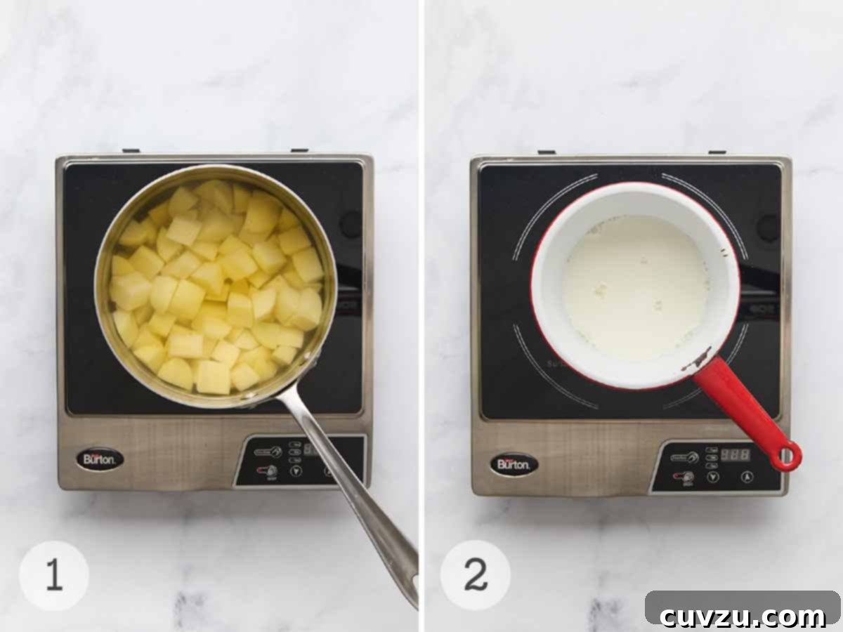 Ina Gartens Bright Lemony Mashed Potatoes 6 A simple yet crucial initial step: a pot brimming with perfectly cubed potatoes soaking in salted water, alongside a small saucepan gently warming milk for ultimate creaminess.