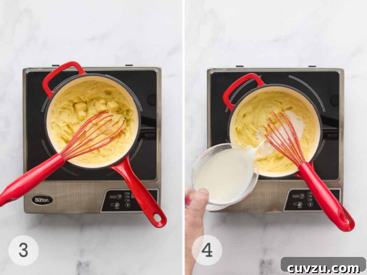 Ina Gartens Bright Lemony Mashed Potatoes 7 A two-part image showing the meticulous process: first, cold butter cubes are ready to be whisked into mashed potatoes, followed by warm milk being gently added to achieve a perfect, creamy consistency.