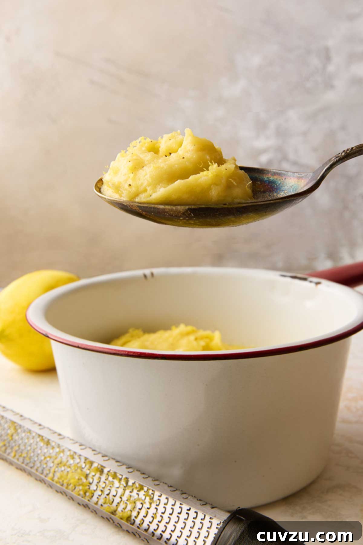 Ina Gartens Bright Lemony Mashed Potatoes 9 A perfectly portioned spoonful of creamy mashed potatoes with lemon, held enticingly over a full bowl, showcasing its smooth texture and rich appeal.