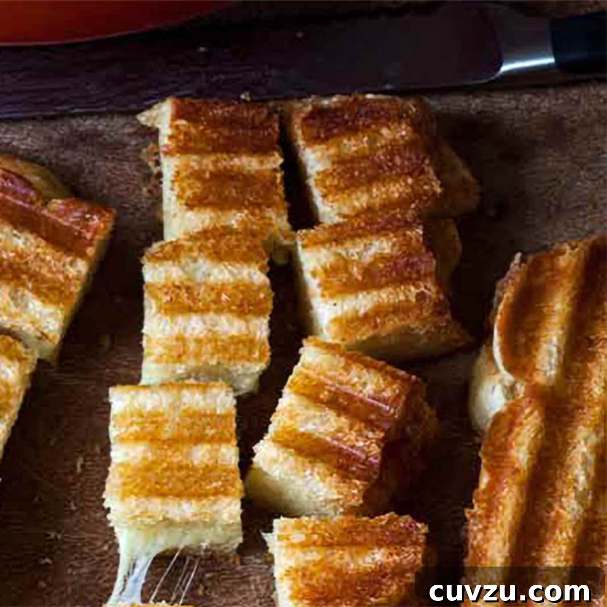 A grilled cheese sandwich cut into cubes of grilled cheese croutons, an innovative Ina Garten garnish.