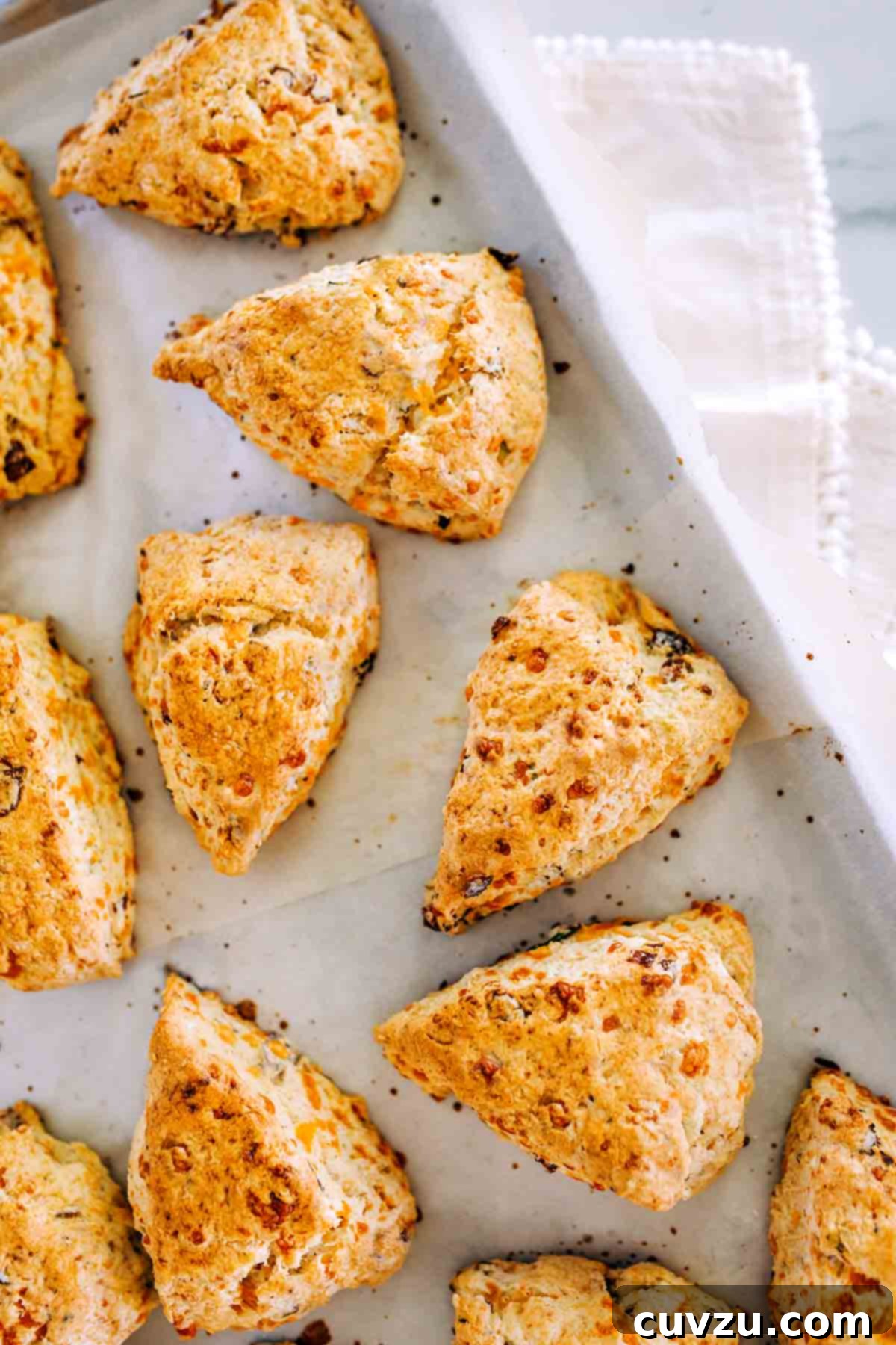 A tray of bacon, egg, and Cheddar scones