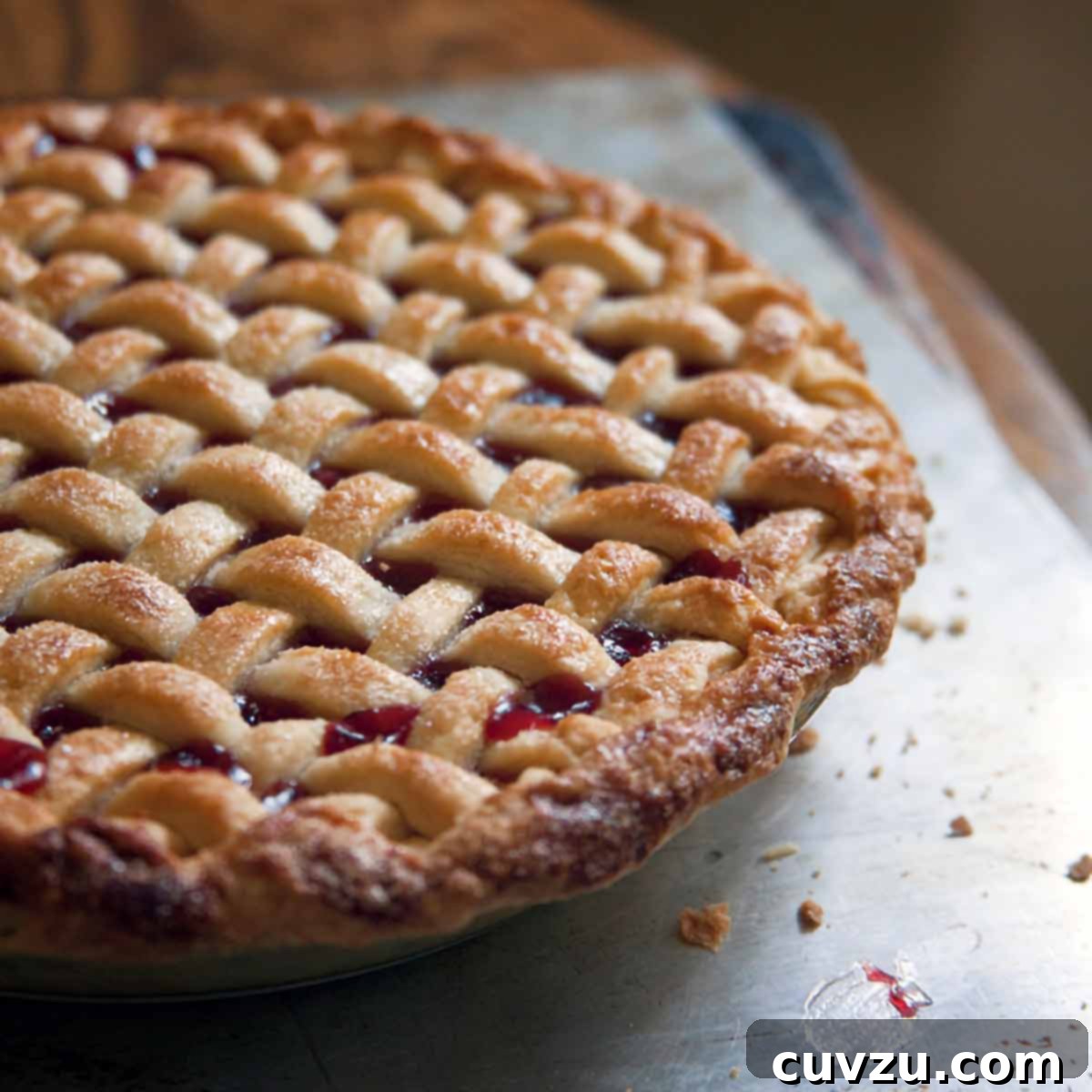 A whole cherry pie with a lattice crust on a baking sheet on a wood table.