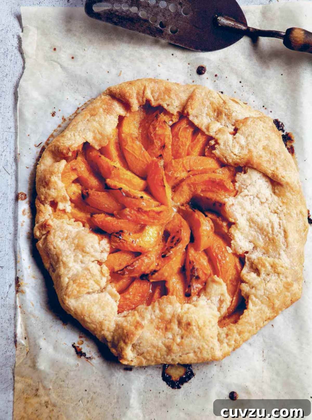 A cooked apricot galette on a piece of parchment paper with a metal spatula beside it.