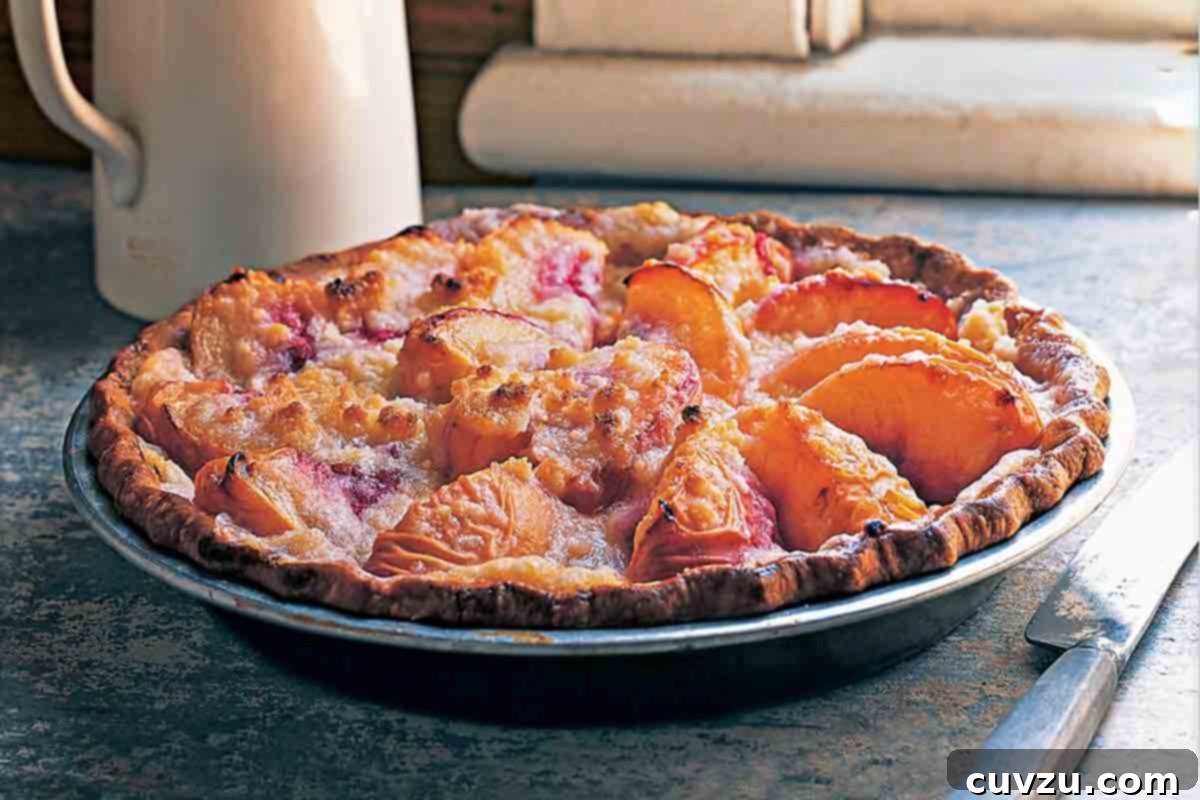 A peach and crème fraîche pie sitting on a window sill with a pitcher nearby.