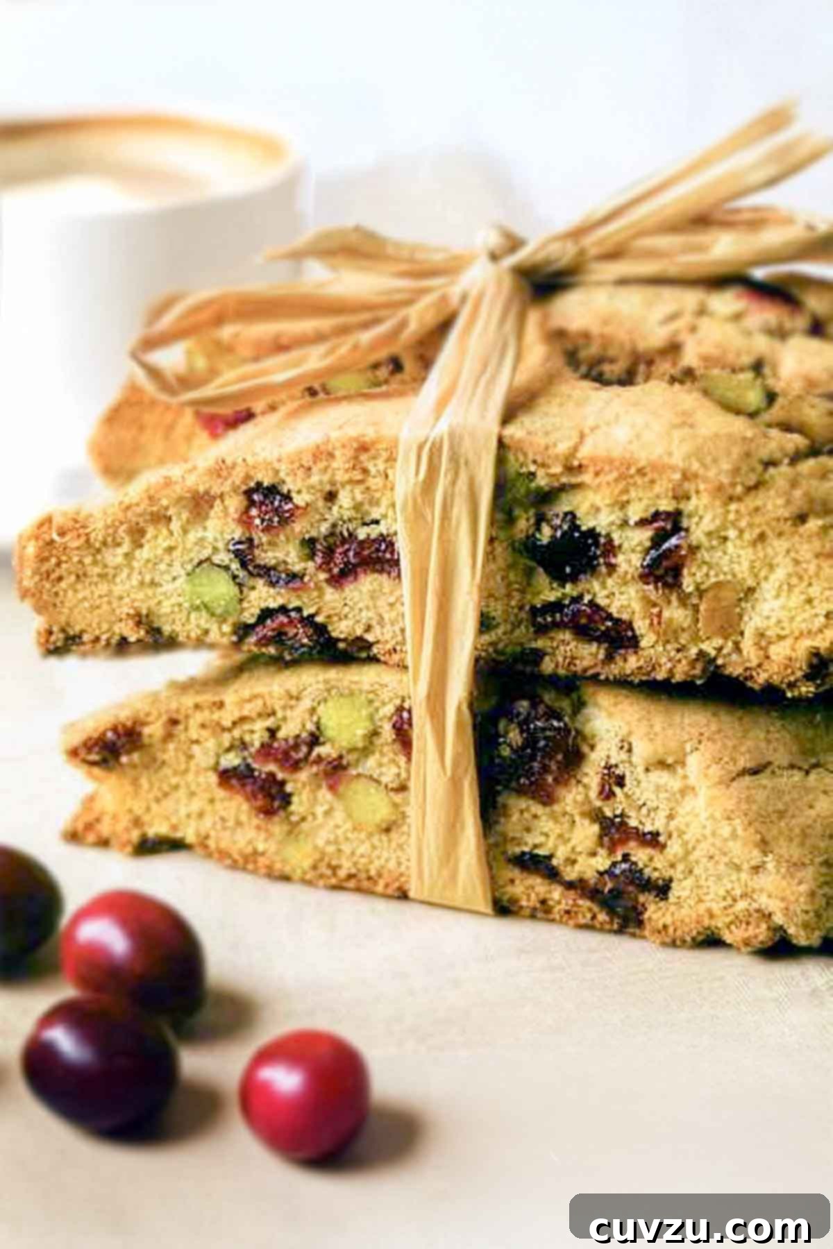 Festive Cranberry Pistachio Biscotti 2 A beautifully tied stack of cranberry pistachio biscotti cookies with raffia, surrounded by scattered cranberries, embodying festive elegance.