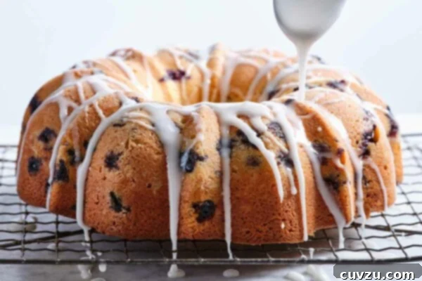 Blueberry coffee cake on a cooling rack with a spoon drizzling icing over it.