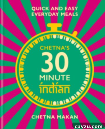 Cookbook image with gold stopwatch set at 30 minutes, green and magenta stripes in the background, signaling quick recipes.