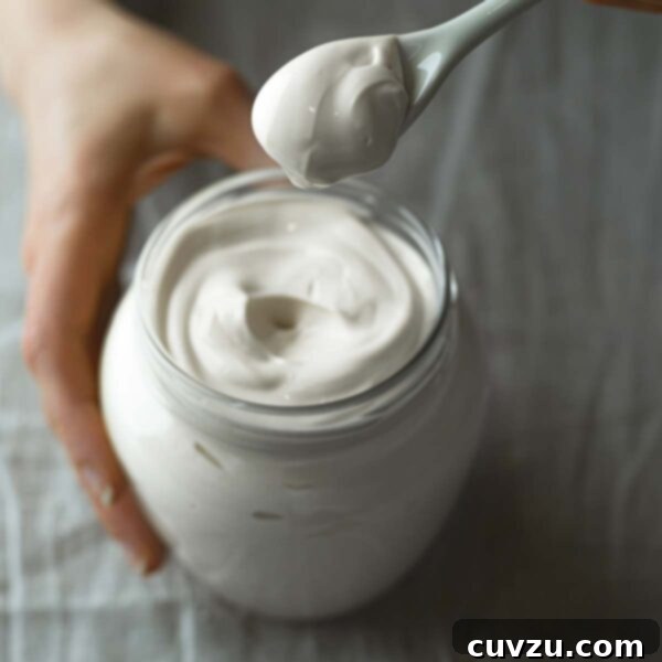 A person holding a spoonful of milk mayonnaise above a jar.