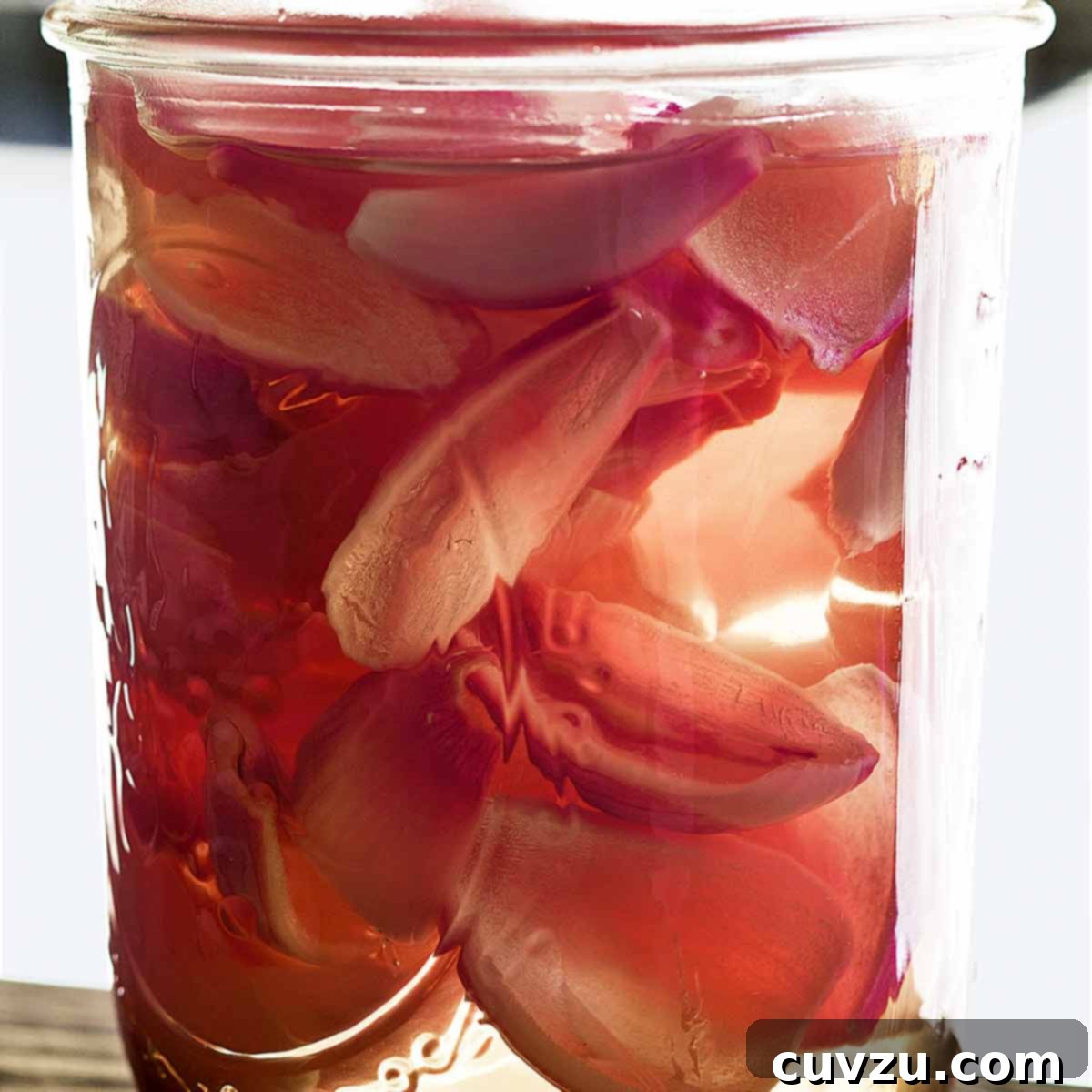 A Mason jar filled with pickled shallots, submerged in brine.