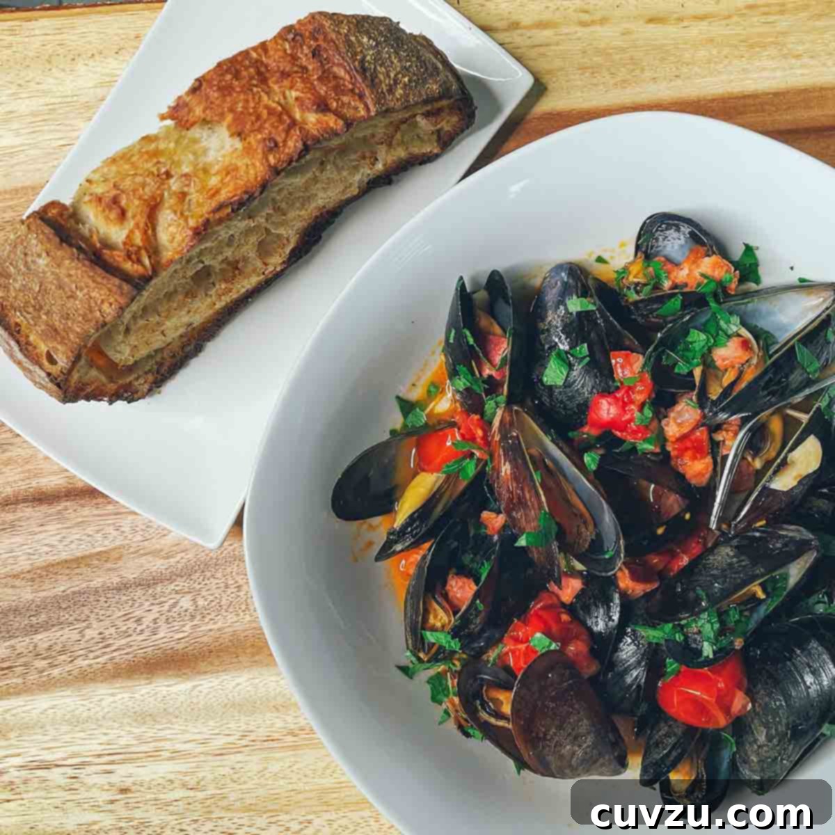 A pristine white dish features a slice of golden, crusty bread positioned beside a white bowl generously filled with plump mussels, spicy chorizo, vibrant peppers, and fresh parsley, all submerged in a rich, flavorful broth.