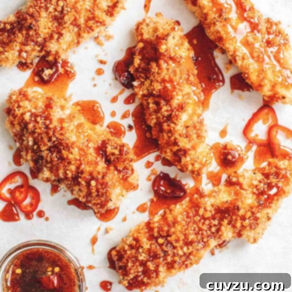 5 panko breaded chicken tenders drizzled with deep red hot sauce and chile slices, with a bowl of more spicy honey.