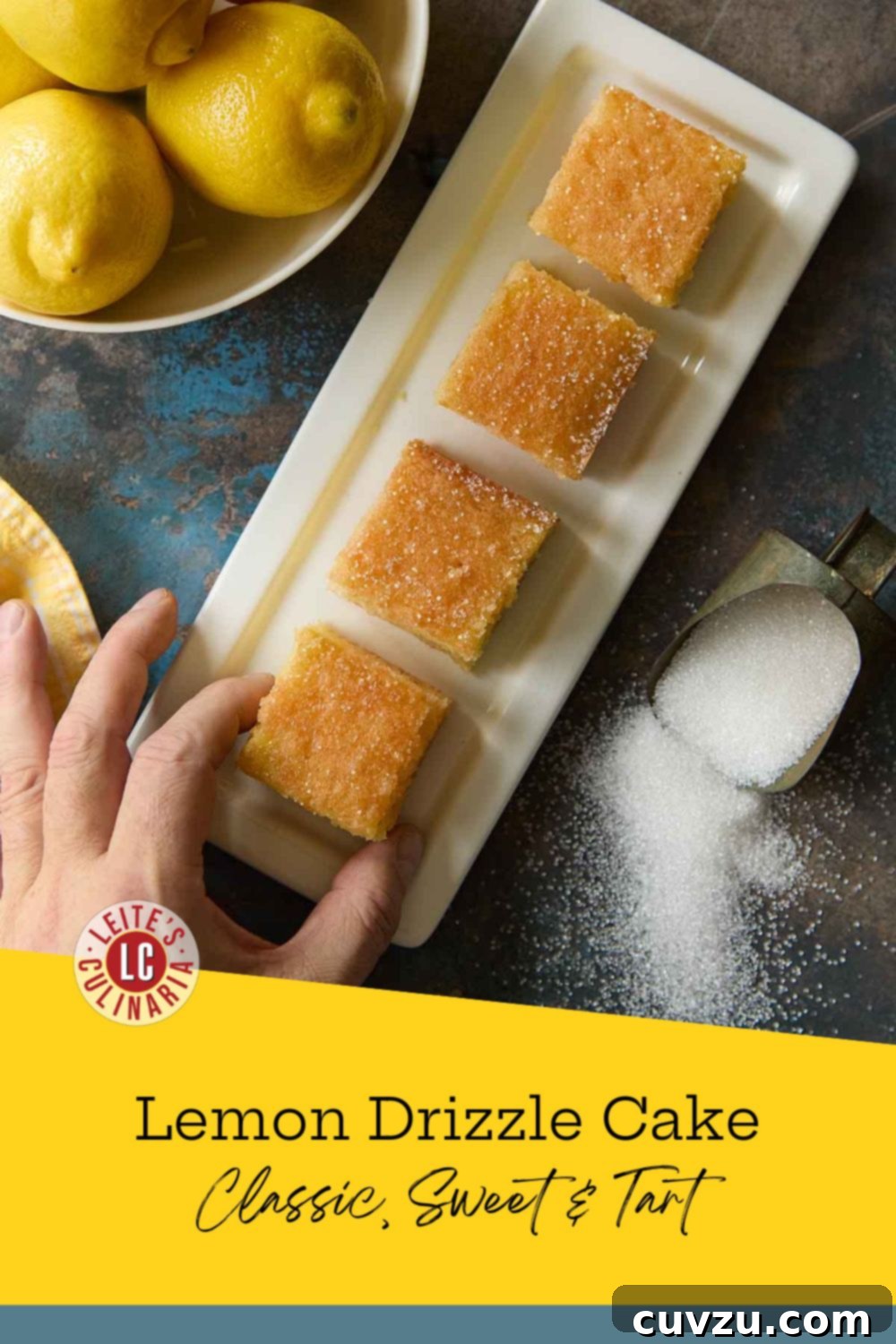 Zesty Lemon Loaf 3 Lemon Drizzle Cake – Finished Cake Squares with Sugar Topping