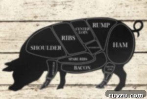 A butcher's chart illustrating different cuts of pork, alongside a perfectly brined and cooked piece of pork