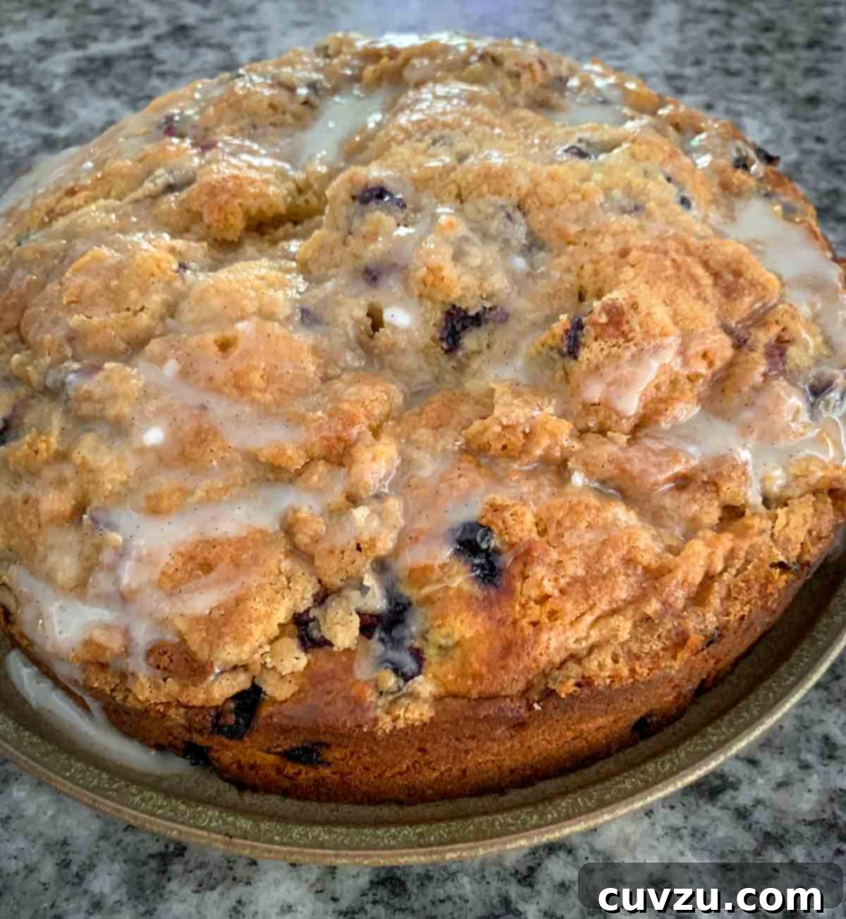 Blueberry Streusel Bliss 5 Blueberry Coffee Cake baked by Nadine Bonda, showcasing its inviting golden crumb and generous blueberry distribution.