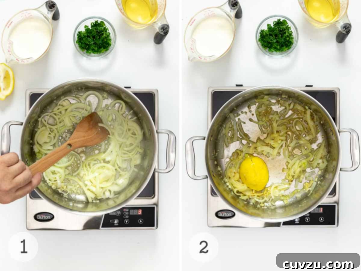 Decadent Mussels with Garlic Wine Cream 5 A person gently stirring aromatic onions and minced garlic in a large pot over a portable stove, illustrating the initial sautéing step. Another image shows the same pot with a lemon half nestled among the aromatics, ready to infuse its bright flavor into the dish.