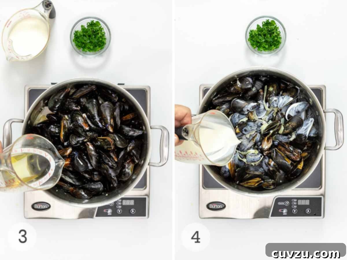 Decadent Mussels with Garlic Wine Cream 6 A person's hand carefully pouring dry white wine into a pot brimming with mussels, initiating the steaming process. Below, another hand gently adds heavy cream to the same pot, enriching the broth to its creamy perfection.
