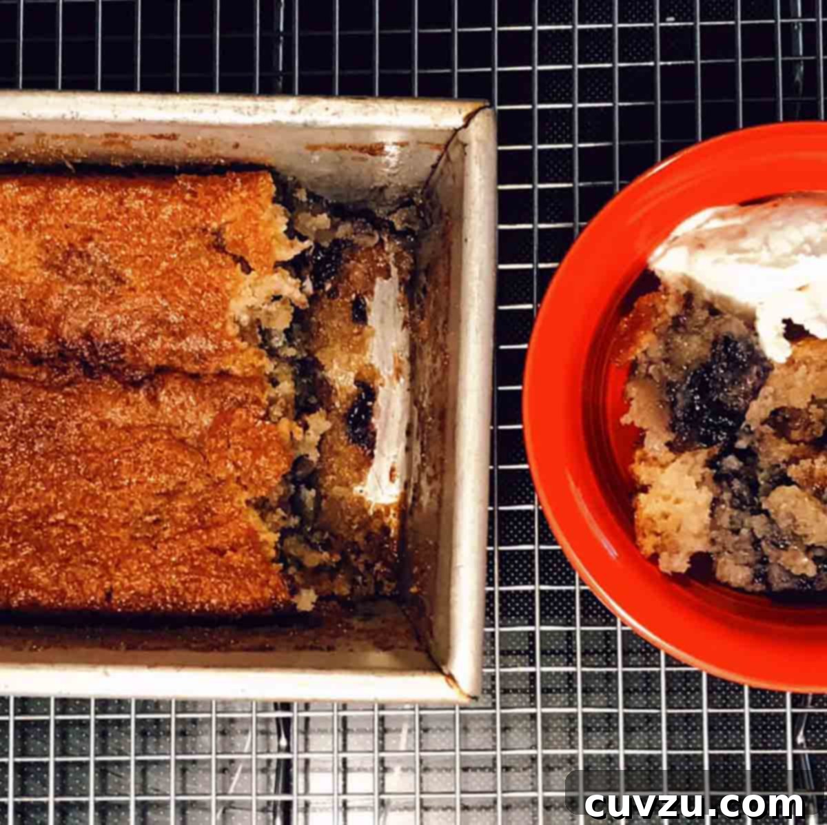 Easy Blueberry Crumb Cake 5 One-bowl blueberry buckle in a metal loaf pan cooling on a wire rack, with a red bowl filled with buckle and a scoop of ice cream.
