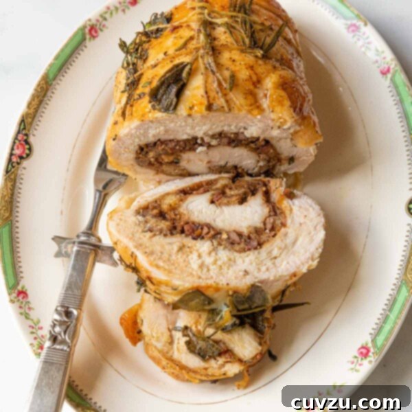 A partially sliced pancetta and herb stuffed turkey breast on a serving platter with a serving fork on the side.