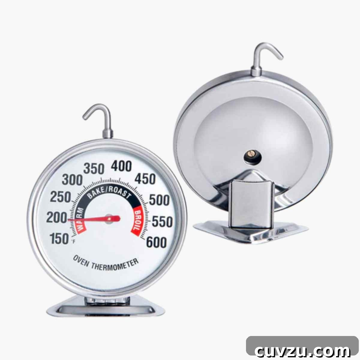 The 10 Must-Have Tools for Thanksgiving Dinner 10 The front and back of an extra large dial oven thermometer.