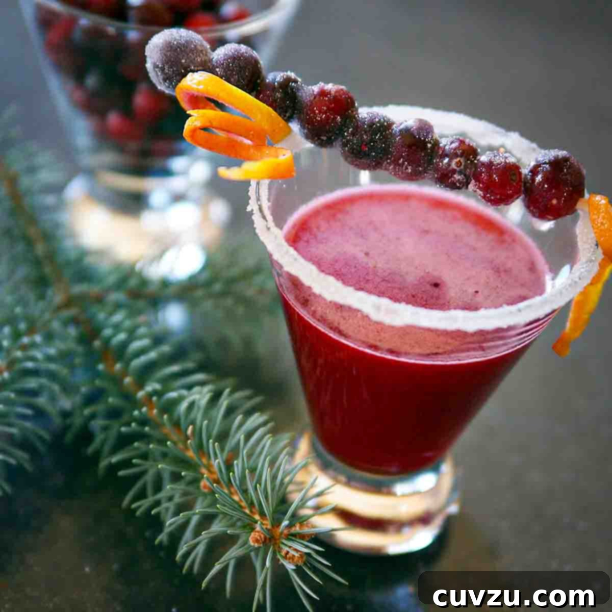 A cranberry margarita in a short glass with a skewer or sugared cranberries and orange zest across the top.