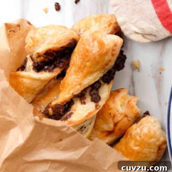 Golden-brown Torsades au chocolat arranged in a brown paper bag, with one pastry on a white plate and a linen tea towel.