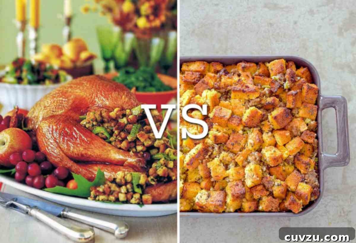 Images of a stuffed turkey and a tray of dressing in answer to explain what the difference is between stuffing and dressing.