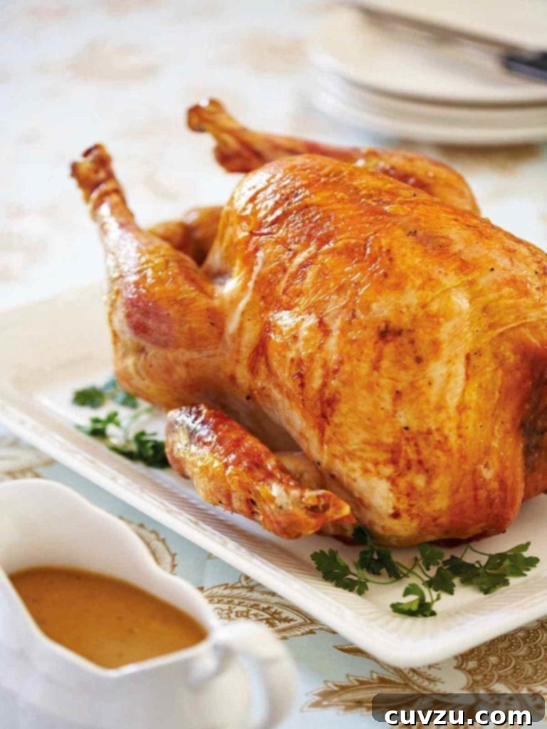 An old-fashioned roast turkey on a white platter, with gravy in a boat beside it.