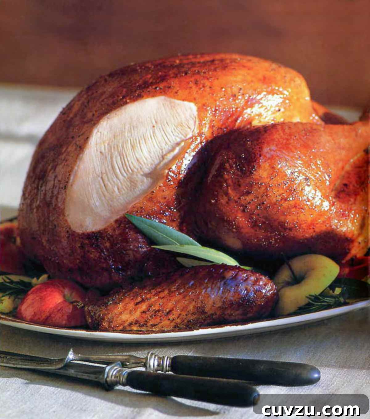 A classic roast turkey on a platter with pieces of apple and rosemary sprigs tucked around it.