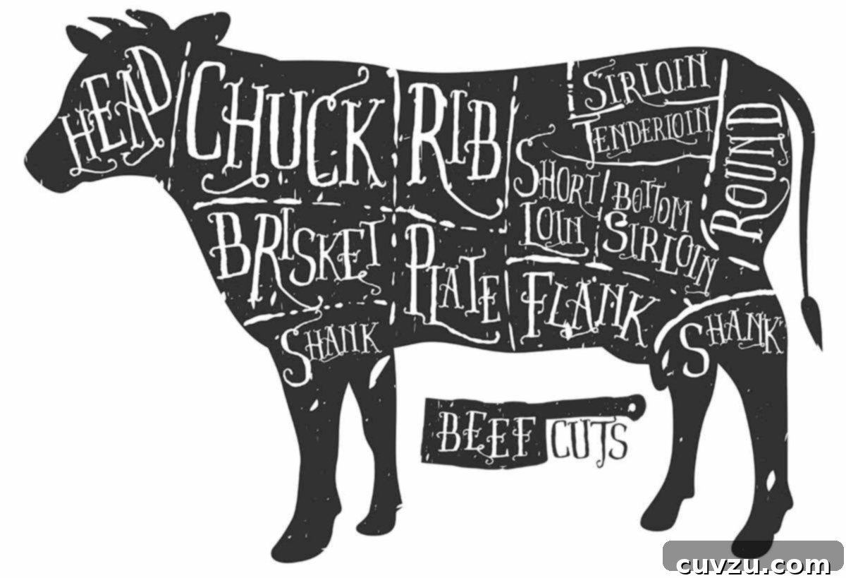 Weeknight Beef Stir Fry 3 Diagram illustrating various cuts of beef on a cow.