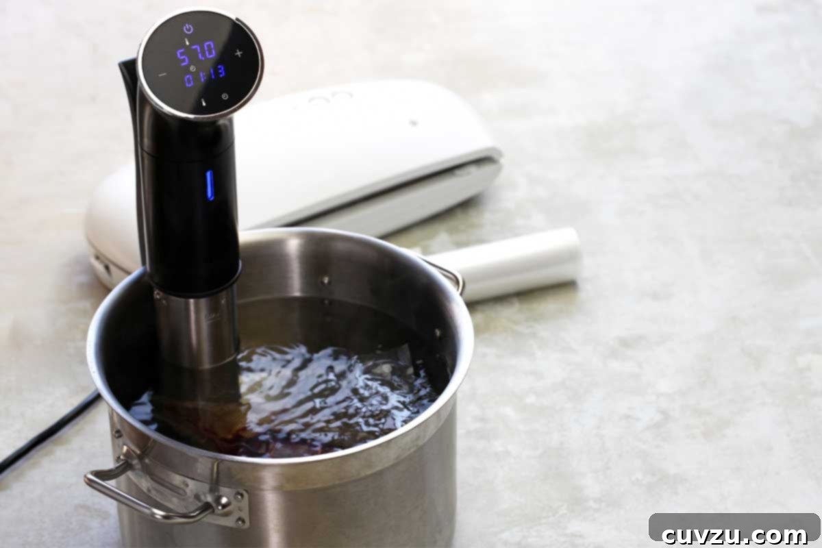 Sous Vide Explained 3 An immersion circulator in a metal pot of water.